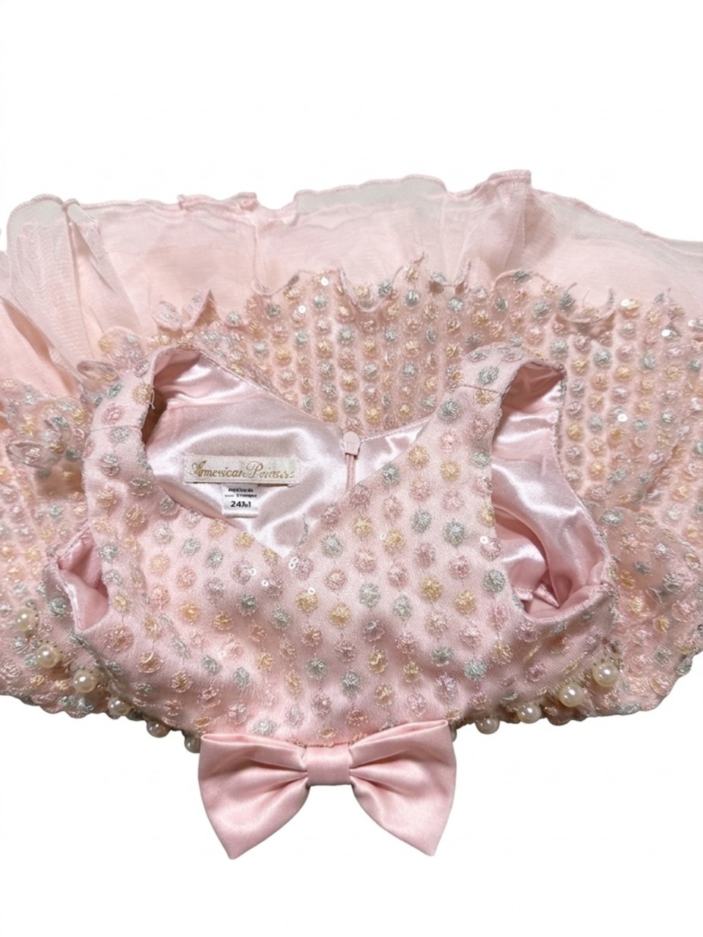 :
Pink Baby Girl Party Dress 24M | Sparkly Tulle Dress with Bow & Pearls - Picture 2 of 3